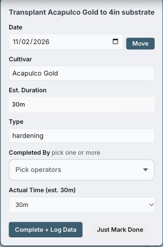 Task detail for Transplant Acapulco Gold to 4in substrate, dated November 2, with operator selection and Complete plus Log Data controls.